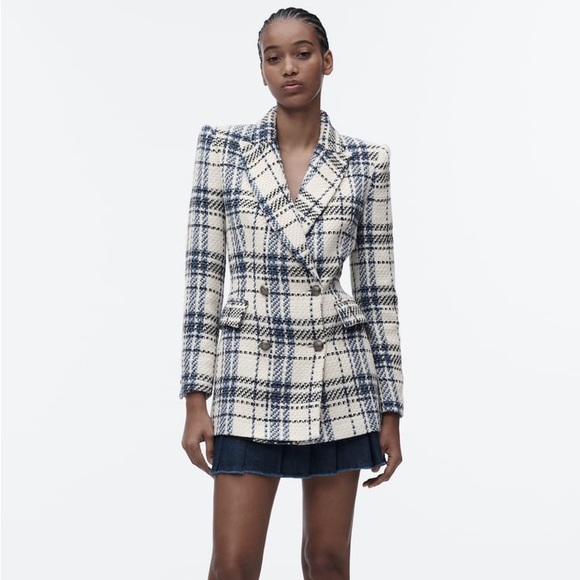 Zara Ecru & Blue Double Breasted Textured Weave Blazer Jacket - Picture 9 of 16